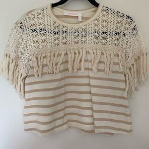 SEE BY CHLOE cream/tan striped fringe shirt